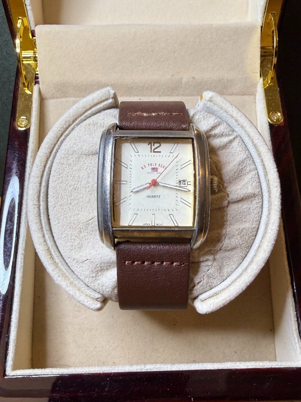 Vintage US Polo Assn Men's Large Tank Calendar Watch Silver/Brown, 36mm
